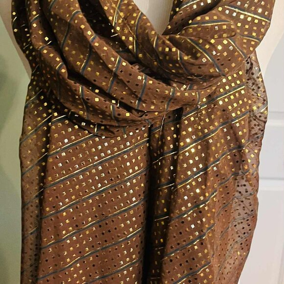 NWT Handmade Brown & Gold Scarf by Sana – Geometric Glow Design - Picture 4 of 12